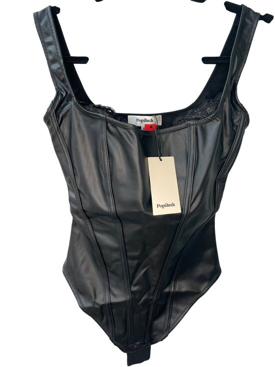 Popilush Other - Popilush Shapewear Black Faux-Leather Bodysuit Built-in Bra Side Zip Size XS NWT